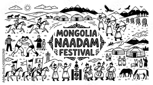 Mongolia Naadam Festival Doodle Art - Traditional Sports & Culture