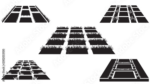 Collection of dark stone pathway silhouettes with grass edges arranged in perspective on black background