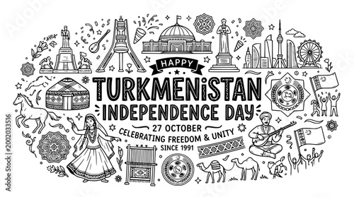 Turkmenistan Independence Day Celebration Doodle Art