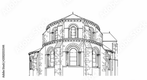Detailed line drawing of a stone religious building with arched windows and a conical roof