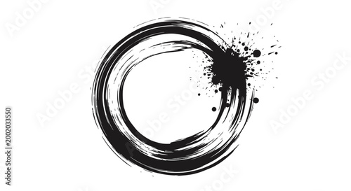 Abstract black enso circle with dynamic ink splatter on a white background, representing Zen philosophy and artistic expression.