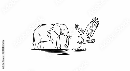 Elephant drinks from water while an eagle swoops down nearby