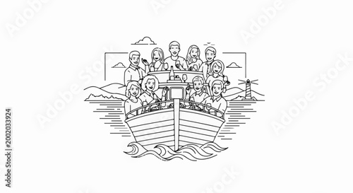 Diverse group of people enjoying a boat trip near a lighthouse and scenic coastline