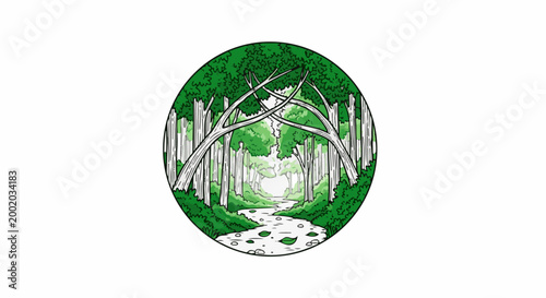 Enchanting forest path with a gentle stream flowing through lush greenery
