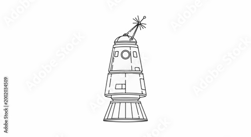 Detailed line drawing of a futuristic spacecraft with antenna and conical base