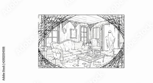 Eerie interior with a spectral presence and cobweb adornments