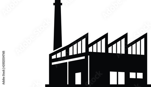 Title: Industrial warehouse roof silhouette with chimney and sawtooth factory building icon
