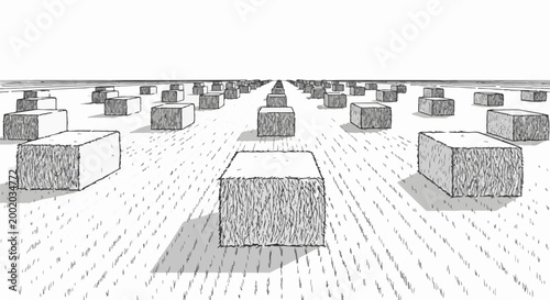 Field of hay bales recedes to horizon under blank sky, sketch style