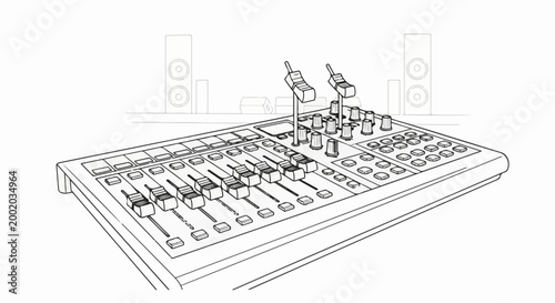 Detailed line art sketch of an audio mixing console with sliders and knobs