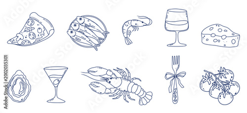 Mediterranean food doodle set with seafood, wine, tomato elements. Italian cuisine coastal collection. Perfect for menus, posters, icons, cards and travel design. Flat vector illustration.