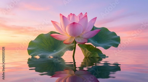 Majestic Pink Lotus Flower Blooming at Sunset Over Calm Water