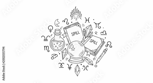 Esoteric symbols surround magical items like books and potion