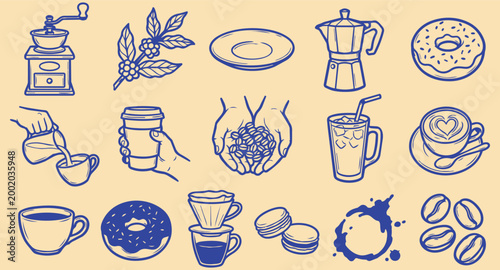 Artistic Coffee Delights A collection of coffee-themed illustrations showcasing various elements of the coffee experience from beans to final drink