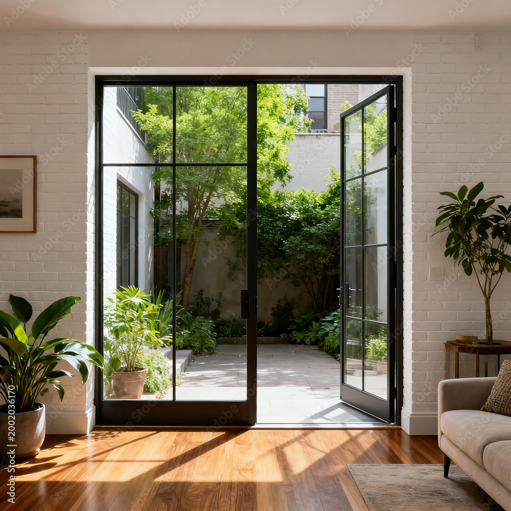 Fototapeta premium Bright loft living space with indoor plants and quiet courtyard view