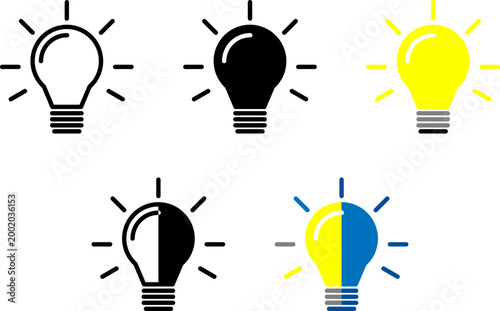 Light bulb icon collection with 5 different styles. Minimalist line art, solid black, vibrant yellow, and creative dual-tone designs. Professional vector set for innovation, creative ideas, business.