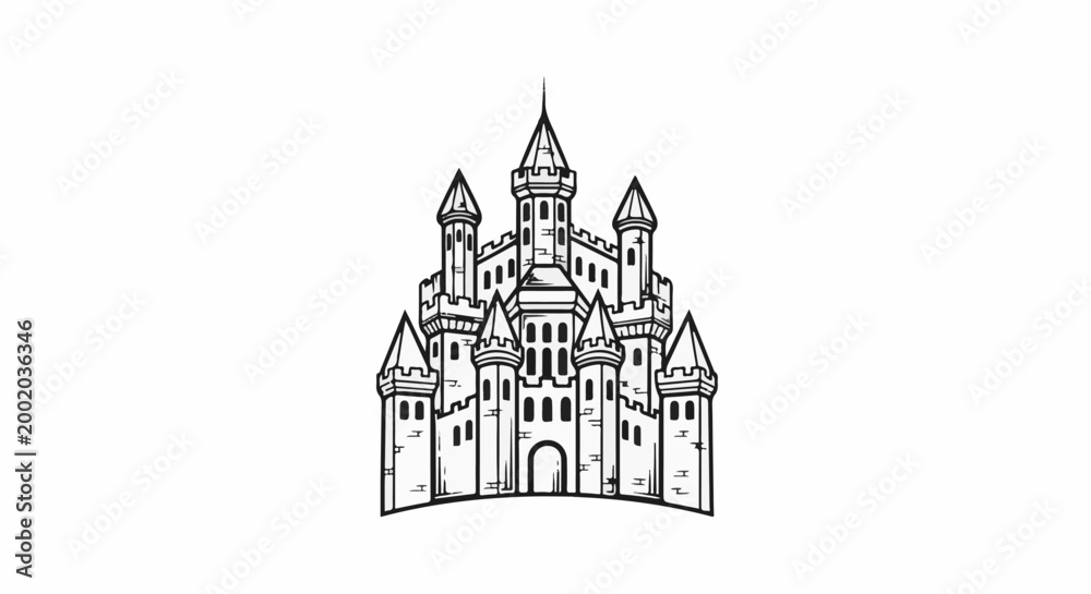 Obraz premium Elaborate medieval castle with multiple towers and battlements, drawn in black ink