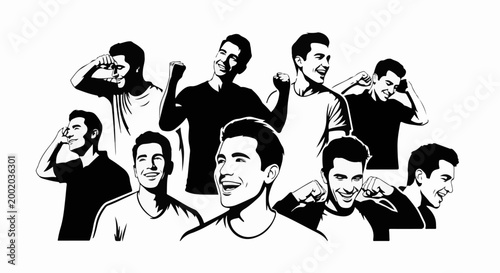 Diverse men celebrating and expressing joy through various poses