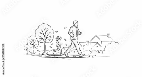 Father and daughter jogging past trees and houses in autumn