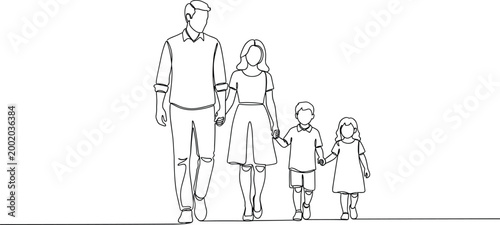 Continuous One Line Drawing of Happy Family Walking Together Holding Hands Father Mother Son and Daughter Minimalist Vector People Illustration