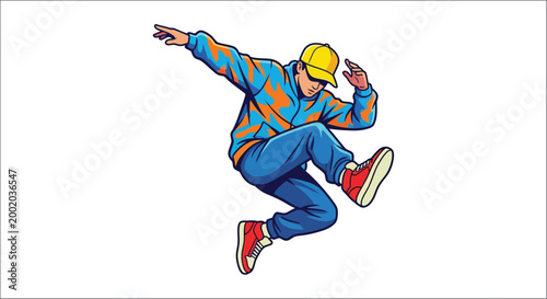 Cartoon illustration of a breakdancing man in colorful streetwear