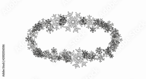 Festive elliptical arrangement of grey snowflakes on a white background