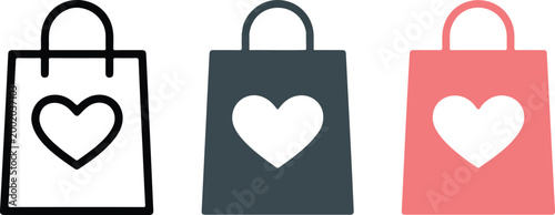 Minimalist shopping bag vector icon set with heart symbol featuring outline silhouette and flat pink color design for romantic retail commerce fashion gift packaging element.