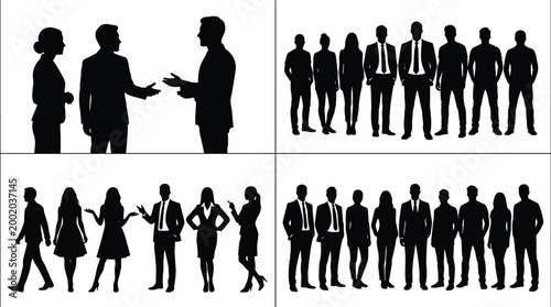 WebSet of business silhouettes featuring professional groups standing together in rows and coworkers engaged in a corporate meeting conversation