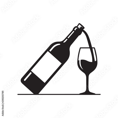 Black silhouette of wine bottle pouring liquid into glass symbolizing serving tasting celebration and relaxation in minimal design