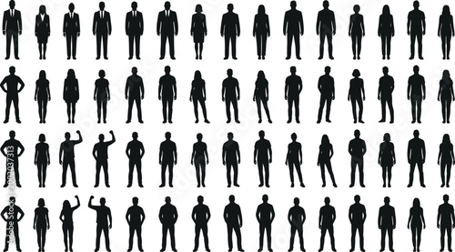 Large collection of black silhouette figures showing diverse people in professional business attire and casual clothing standing in rows