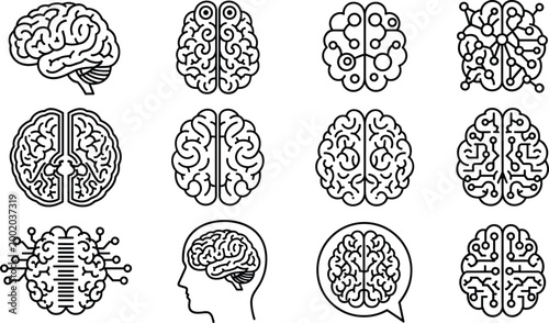 Human Brain Icon Set Vector Illustration Featuring Artificial Intelligence Mental Health Creative Thinking and Neurology Symbols Outline Minimalist Intelligence Concept