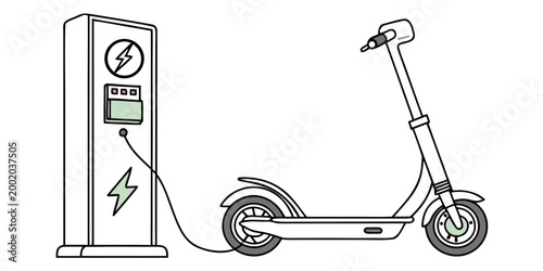Photos Electric scooter parked next to a charging station line drawing electric vehicle