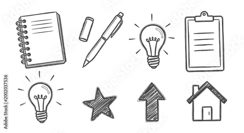Obraz na plátně Sketched icons notebook pen lightbulb clipboard vector illustration
