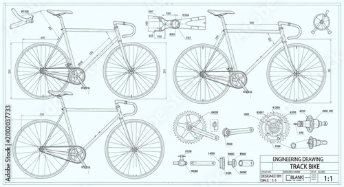 Vintage Bicycle Engineering Blueprint Drawing.