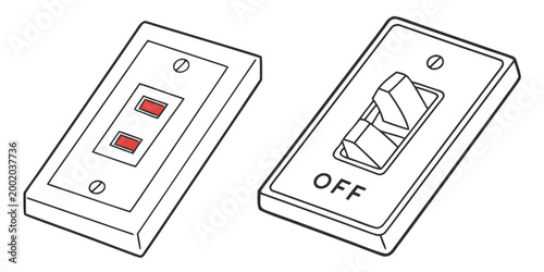 Two light switches on wall plates one with dual red indicators one off light switch toggle switch wall plate line art white background single switch light control electrical system building