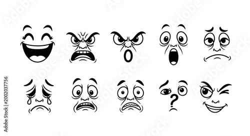 Cartoon faces expressions set black and white