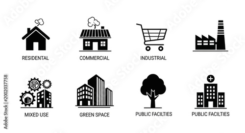 Collection of simple black icons representing various buildings and services.