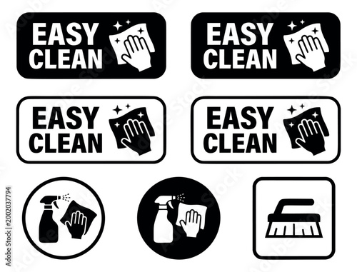 Flat icon set of 6 easy clean badges featuring spray bottle, brush and wiping hand symbols for product labeling