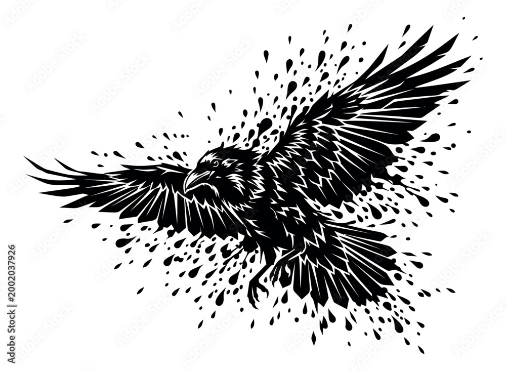 Fototapeta premium Splatter silhouette illustration of a flying raven depicting dynamic disintegration for tattoo and fantasy design