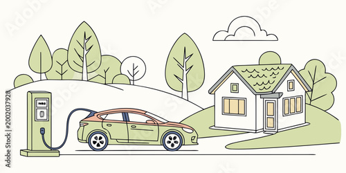 Electric car charging at a charging station next to a house in a suburban landscape with eco friendly plug in charging point charging suburban landscape transportation automobile technology