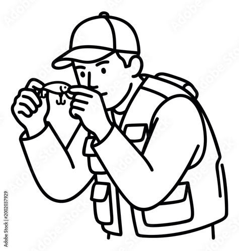 Outline illustration of a fisherman depicting tying a fishing lure for outdoor sport and hobby design