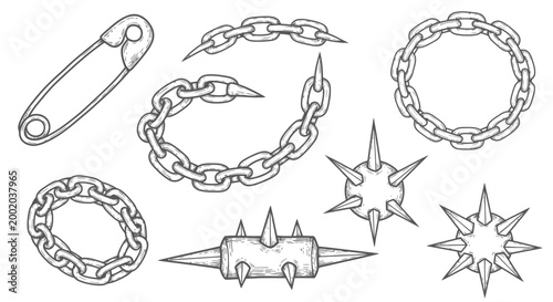 Chain links and spiked objects vector illustration set