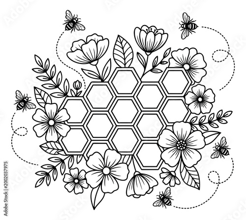 Line art illustration of honeycomb with bees and flowers depicting botanical pollination for nature and honey design