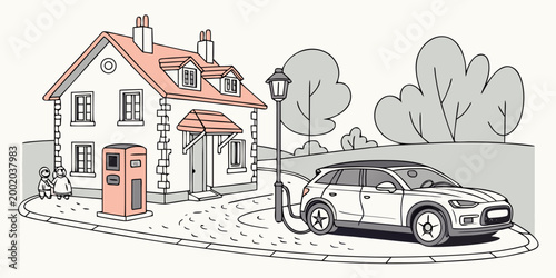 Family charging electric car outside house with charging post and street lamp eco friendly charging station line art charging automobile transportation sustainable electricity renewable