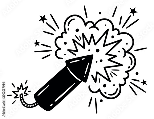 Cartoon illustration of a rocket firework depicting an explosion burst with sparks for celebration and holiday design