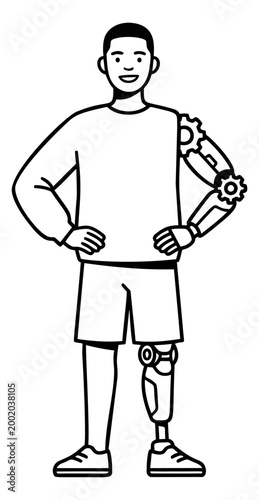 Outline illustration of a young man with prosthetic arm and leg depicting disability and bionic technology for healthcare design