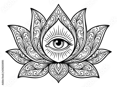 Ornate line art illustration of a lotus flower with all seeing eye depicting spiritual enlightenment for tattoo and esoteric design