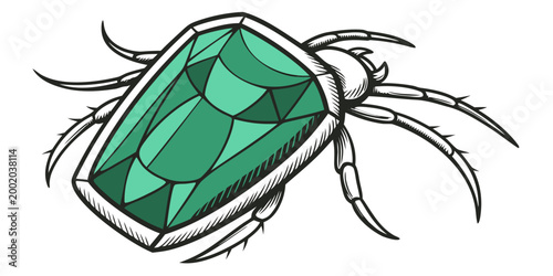 Stylized insect with a faceted emerald gemstone for its body gemstone precious creature wildlife illustration stylized combination imagination lustrous abstract
