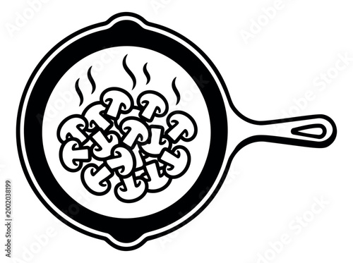 Bold cartoon illustration of mushrooms sautéing in a cast iron skillet depicting steam rising for food and cooking design