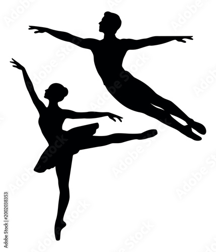 Silhouette illustration of two ballet dancers depicting graceful leaping poses for dance and performance design