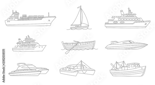 Various boats and vessels line art illustrations